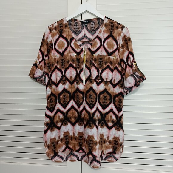 Ellen Tracy Linen Tunic Top Ikat Print Zipper Detail Size Small - Picture 1 of 11